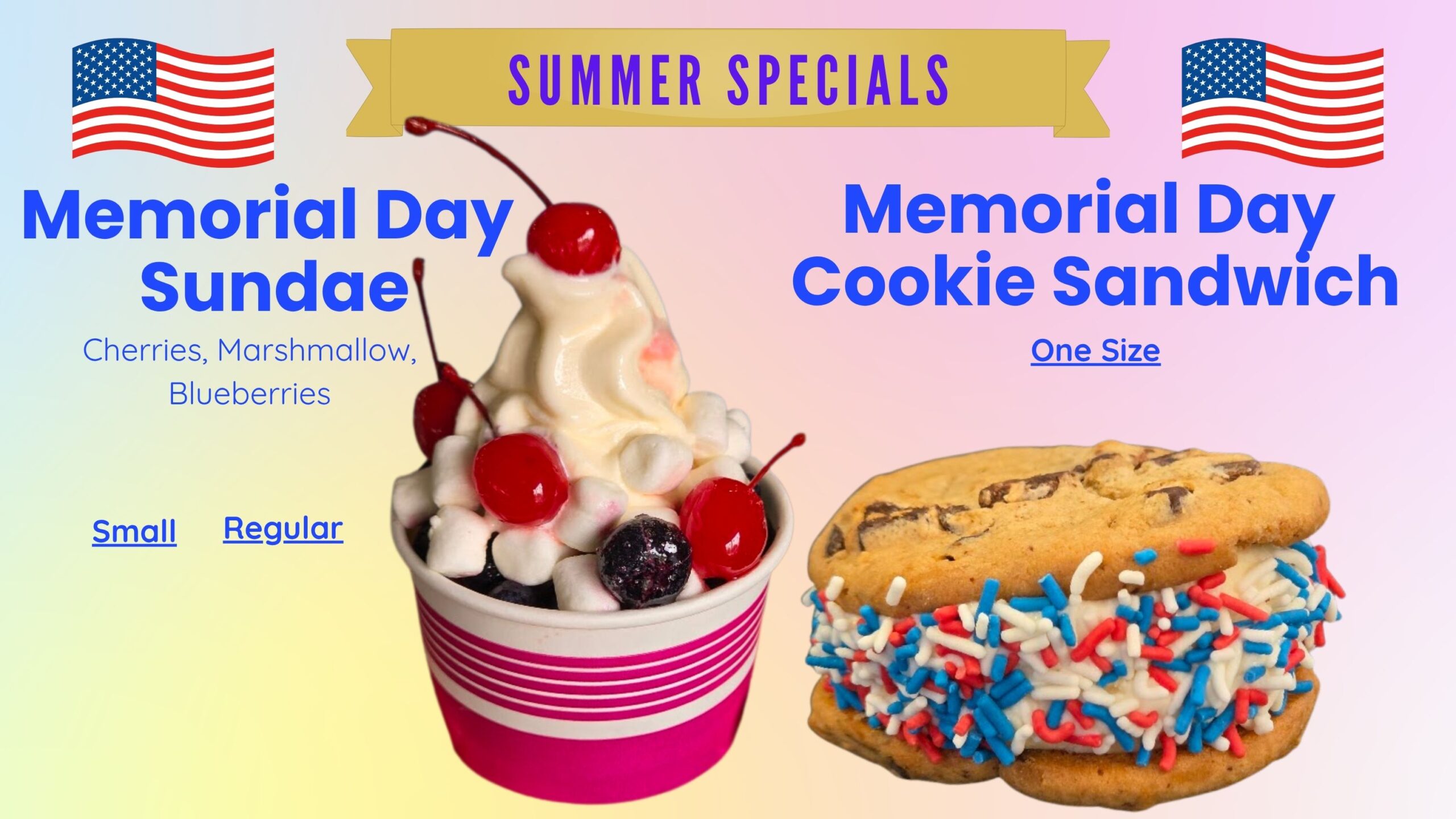 Memorial Day Sundae and Cookie Sandwich Menu no prices